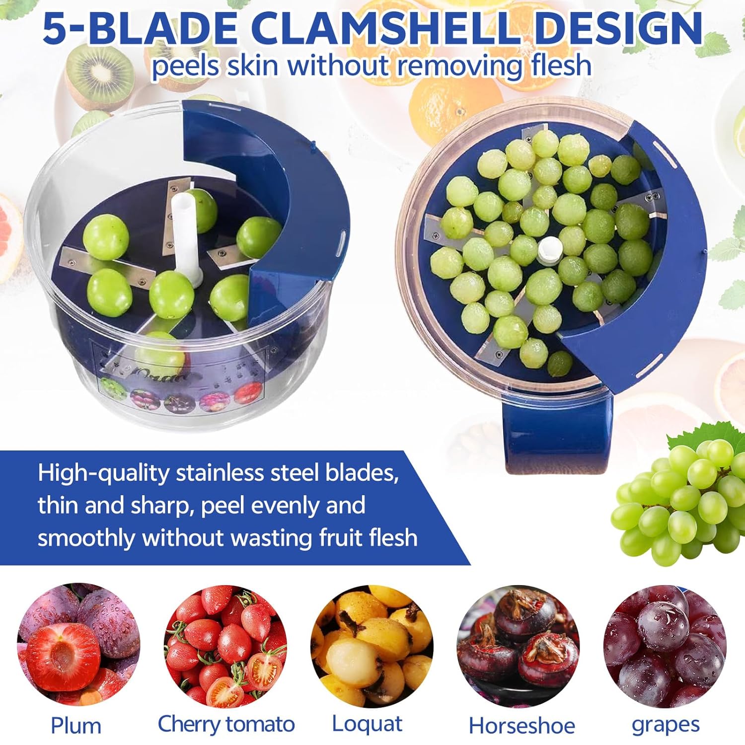 Electric Fruit and Vegetable Peeler with One-Touch Automatic Peeling and 5-Blade Stainless Steel Clamshell Design