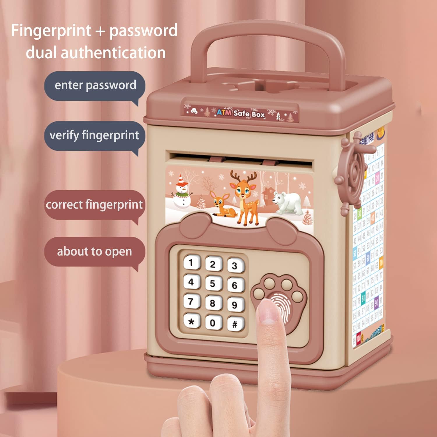 Electronic Piggy Bank toy with Fingerprint, Password and Voice Guidance, Safe for Ages 3+