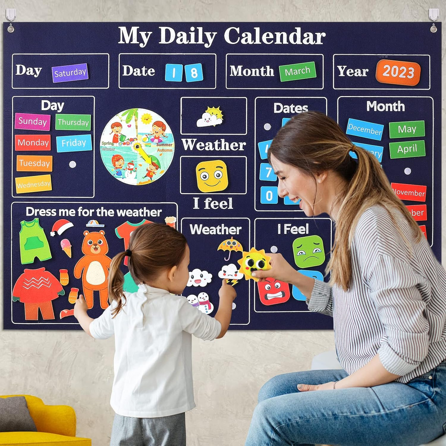 Engaging Felt Calendar for Young Children, Days of the Week Chart Learning, Safe for Ages 3+