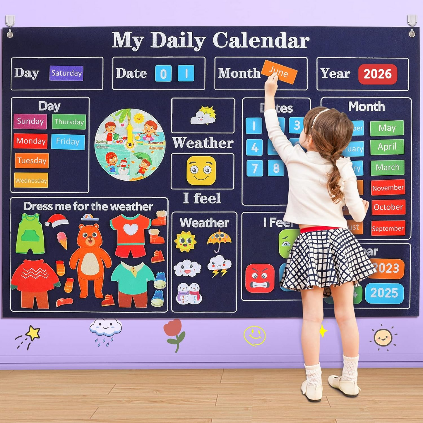 Engaging Felt Calendar for Young Children, Days of the Week Chart Learning, Safe for Ages 3+