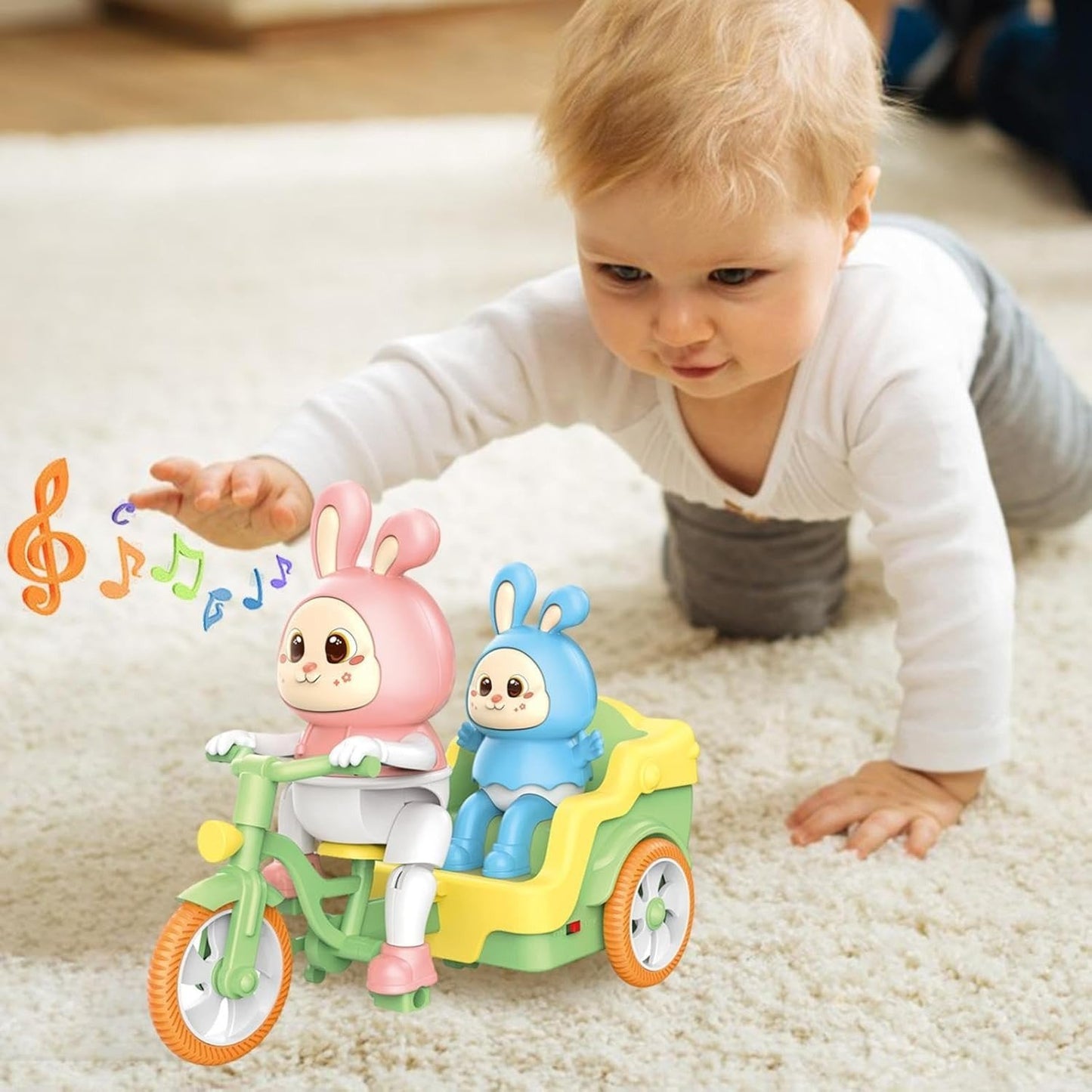Exciting Electric Tricycle with Music and Lights, Cute Cartoon Rabbit Design, Safe for Ages 1+
