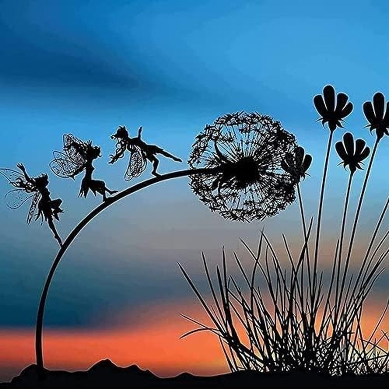 Fairy Steel Garden Sculptures, Flower Fairy Dancing with Dandelion Garden Art Sculpture Stainless Steel Statue