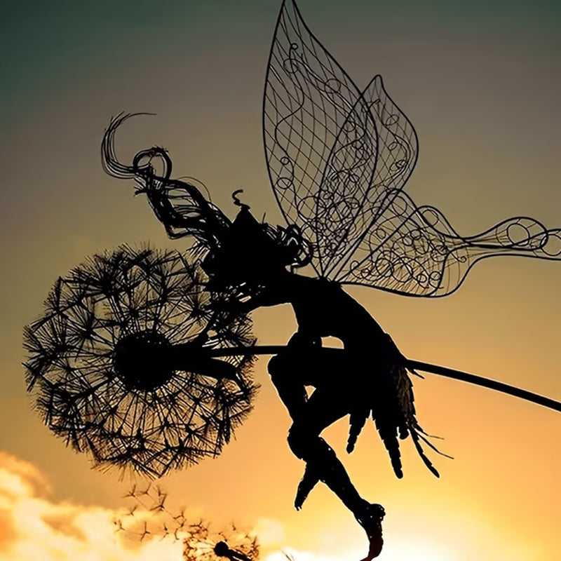 Fairy Steel Garden Sculptures, Flower Fairy Dancing with Dandelion Garden Art Sculpture Stainless Steel Statue