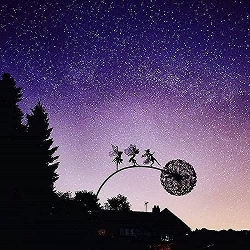 Fairy Steel Garden Sculptures, Flower Fairy Dancing with Dandelion Garden Art Sculpture Stainless Steel Statue