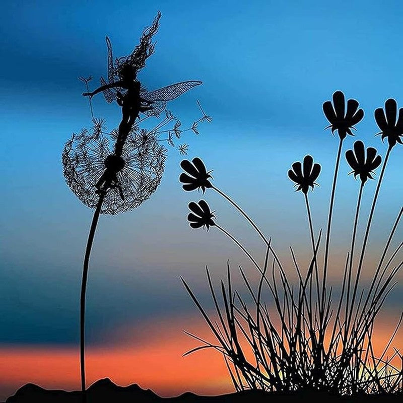 Fairy Steel Garden Sculptures, Flower Fairy Dancing with Dandelion Garden Art Sculpture Stainless Steel Statue