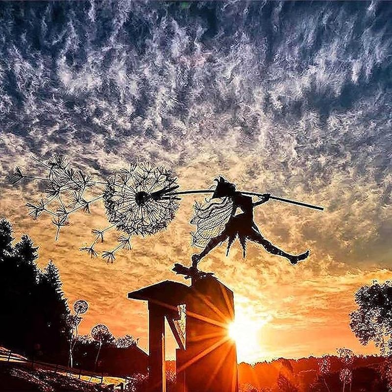 Fairy Steel Garden Sculptures, Flower Fairy Dancing with Dandelion Garden Art Sculpture Stainless Steel Statue