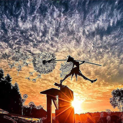 Fairy Steel Garden Sculptures, Flower Fairy Dancing with Dandelion Garden Art Sculpture Stainless Steel Statue