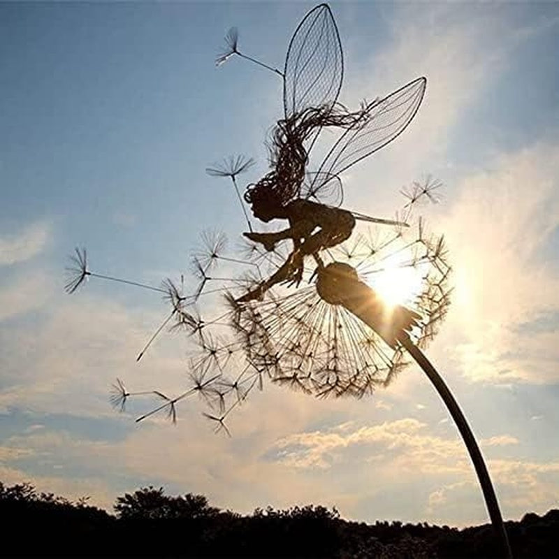 Fairy Steel Garden Sculptures, Flower Fairy Dancing with Dandelion Garden Art Sculpture Stainless Steel Statue