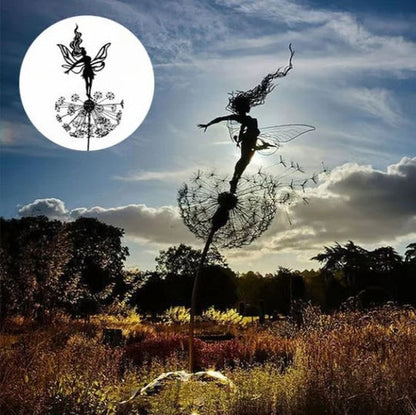 Fairy Steel Garden Sculptures, Flower Fairy Dancing with Dandelion Garden Art Sculpture Stainless Steel Statue