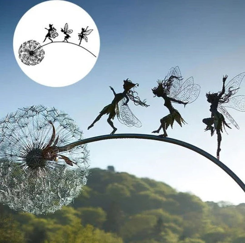 Fairy Steel Garden Sculptures, Flower Fairy Dancing with Dandelion Garden Art Sculpture Stainless Steel Statue