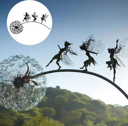 Fairy Steel Garden Sculptures, Flower Fairy Dancing with Dandelion Garden Art Sculpture Stainless Steel Statue