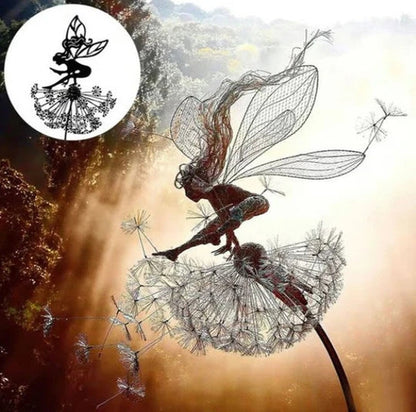 Fairy Steel Garden Sculptures, Flower Fairy Dancing with Dandelion Garden Art Sculpture Stainless Steel Statue
