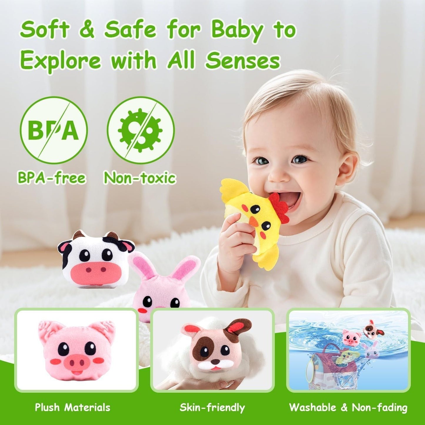 Farm Animals Baby Toy with Mirror and Easy-to-Carry Handle, Safe for Ages 6+ Months
