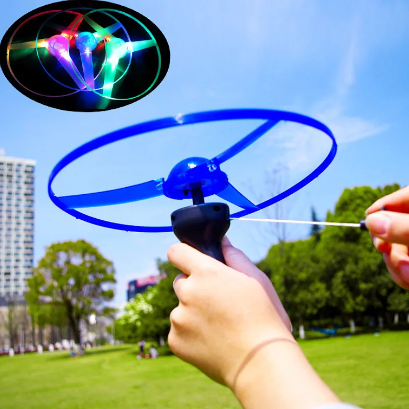 Flying Disc Launcher with Colorful LED Lights, Pull String Indoor & Outdoor Games, Safe for Ages 3+