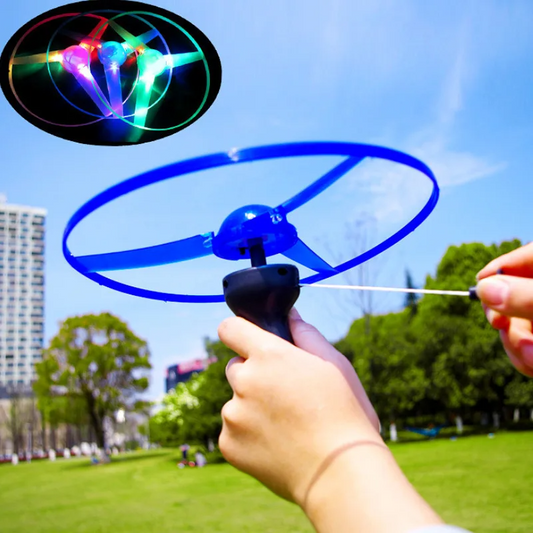 Flying Disc Launcher with Colorful LED Lights, Pull String Indoor & Outdoor Games, Safe for Ages 3+