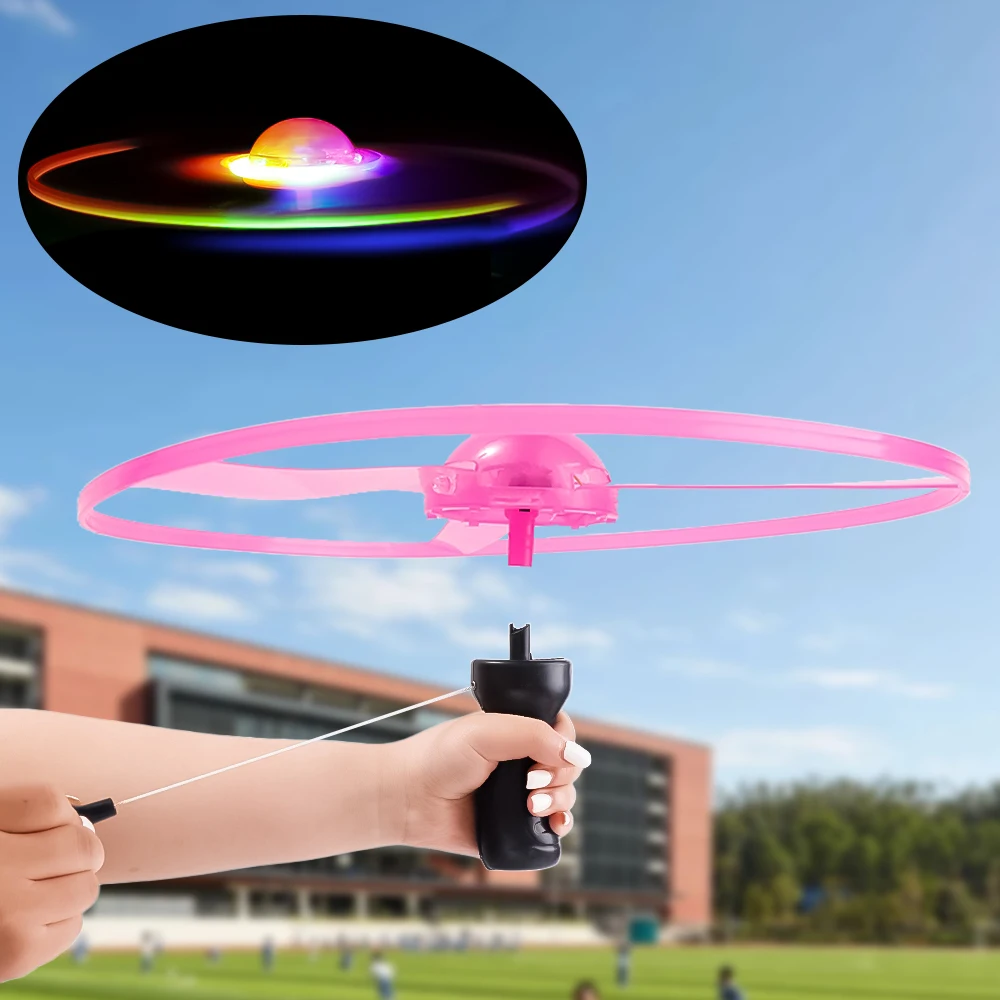 Flying Disc Launcher with Colorful LED Lights, Pull String Indoor & Outdoor Games, Safe for Ages 3+