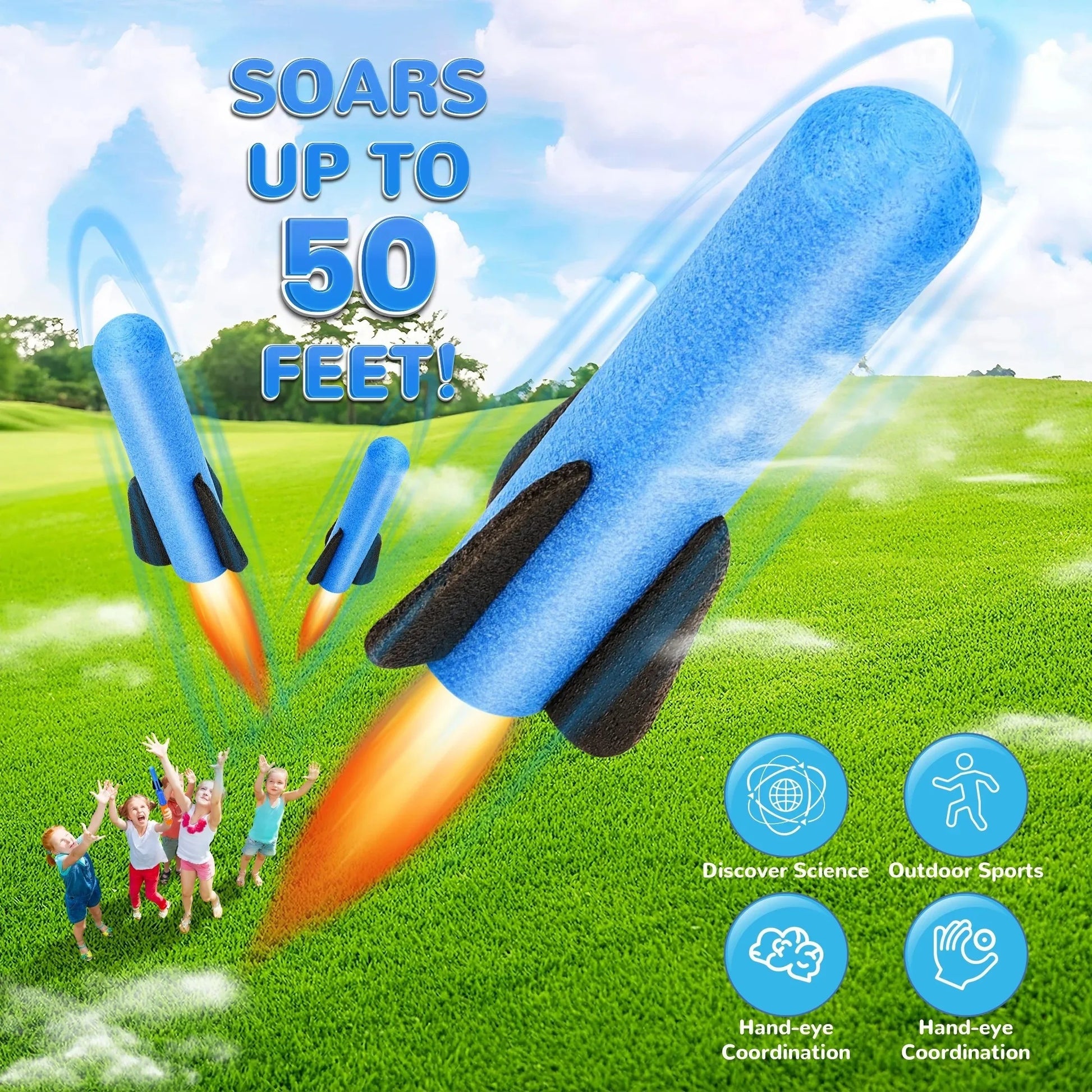 Foam Rocket Launcher Toy, Shoots Up to 50 Feet, Compact & Portable, Safe for Ages 3+