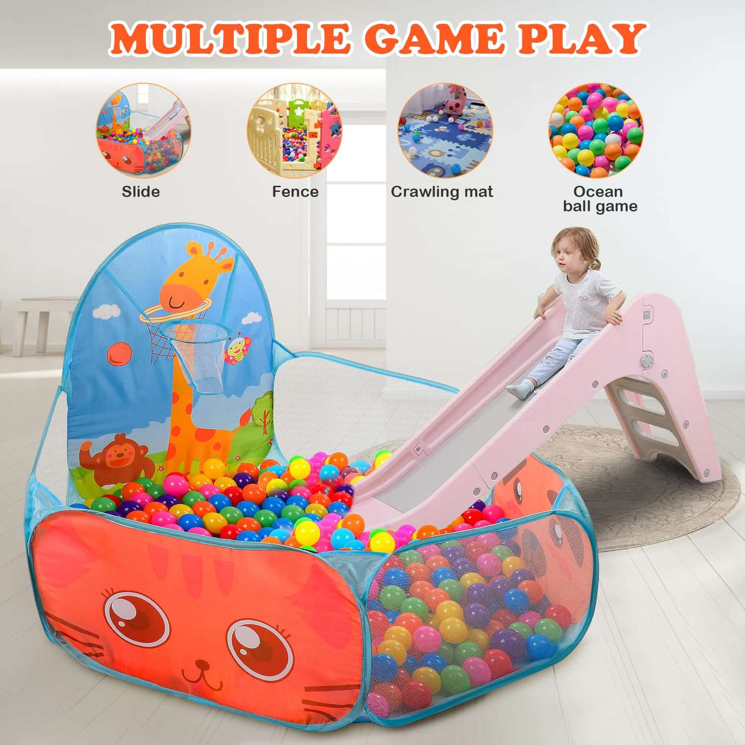 Foldable Ball Tent with Basketball Hoop, Creates a Safe Play Space, Suitable for Ages 3+