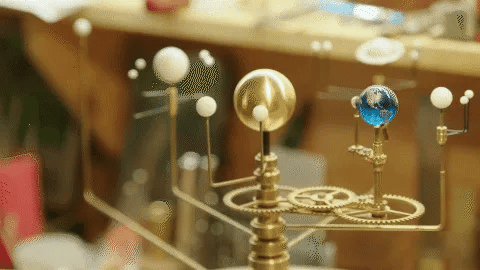 Grand Orrery Solar System Model with 28 Moons and 9 Planets – Stunning Brass and Stone Design