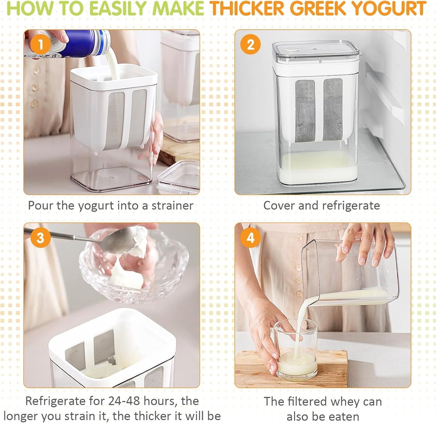 Greek Yogurt Strainer and Whey Separator With 400ml Capacity, Easy-Clean Design, Airtight Fridge Storage