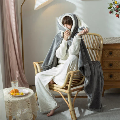 Cute Rabbit Ears Hooded Velvet Blanket