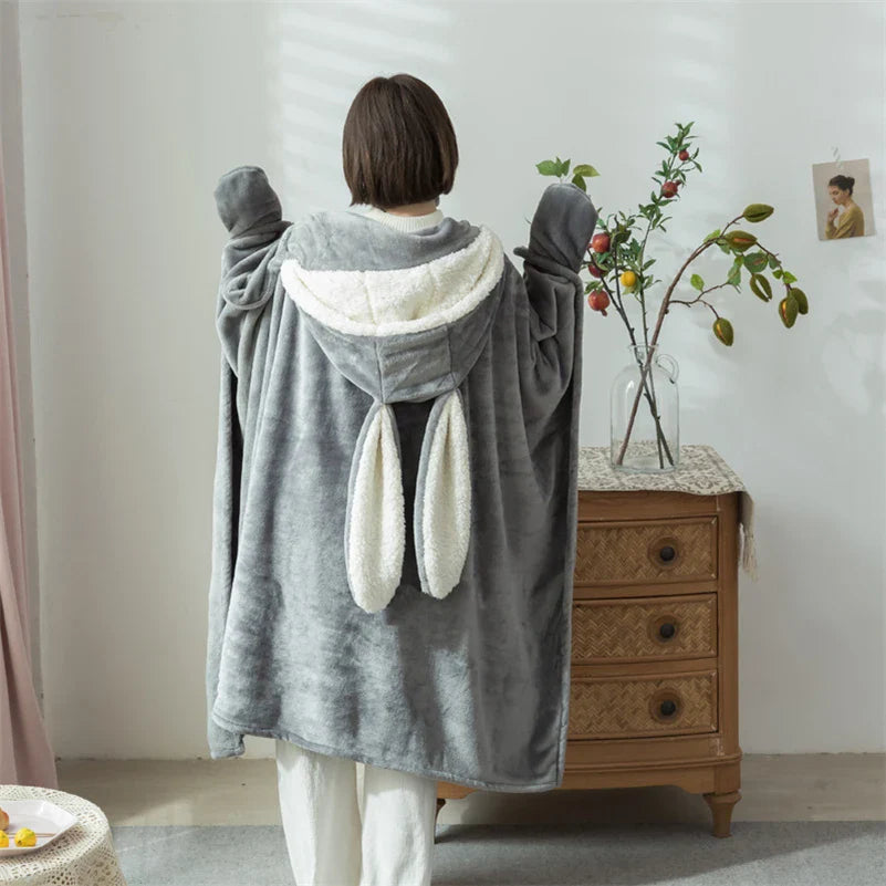 Cute Rabbit Ears Hooded Velvet Blanket