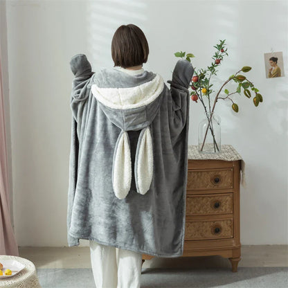 Cute Rabbit Ears Hooded Velvet Blanket