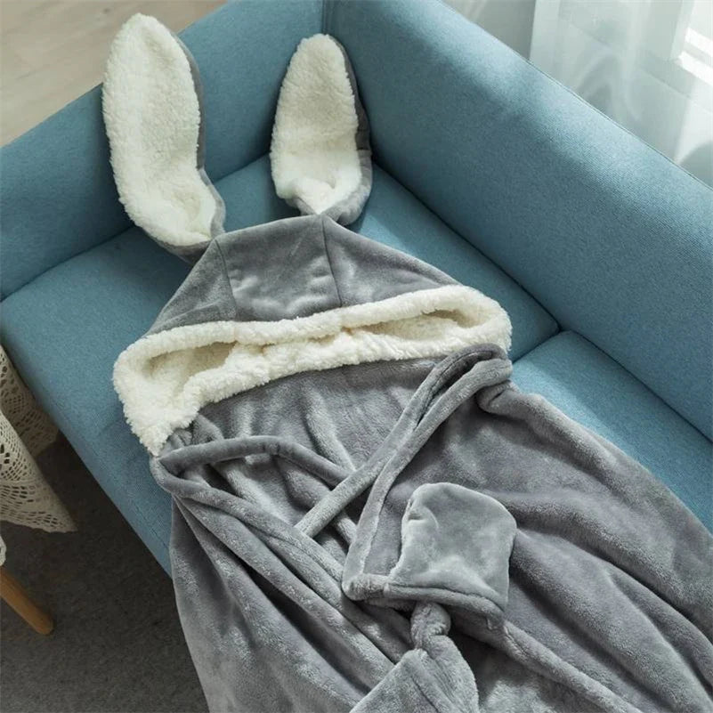 Cute Rabbit Ears Hooded Velvet Blanket