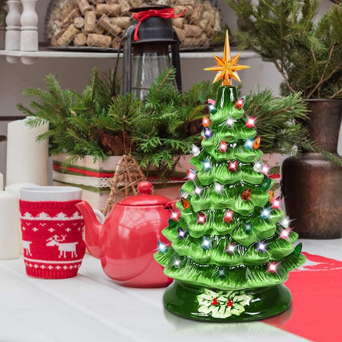 Hand Painted Ceramic Christmas Tree, Green Pre-Lit Tree