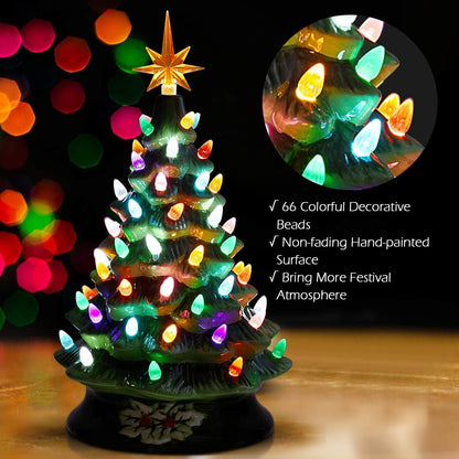 Hand Painted Ceramic Christmas Tree, Green Pre-Lit Tree