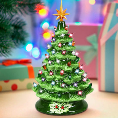 Hand Painted Ceramic Christmas Tree, Green Pre-Lit Tree