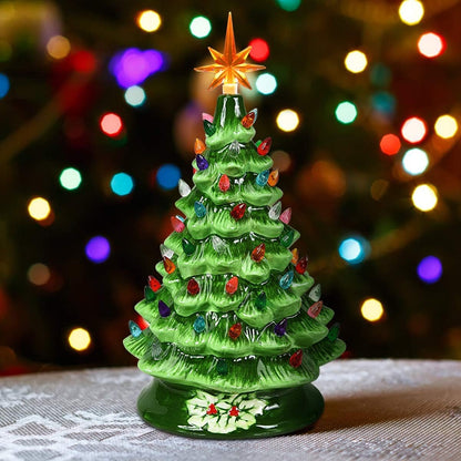 Hand Painted Ceramic Christmas Tree, Green Pre-Lit Tree