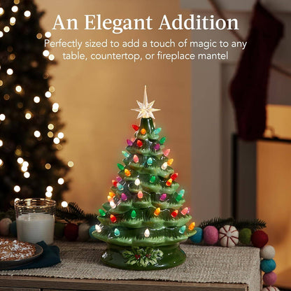 Hand Painted Ceramic Christmas Tree, Green Pre-Lit Tree