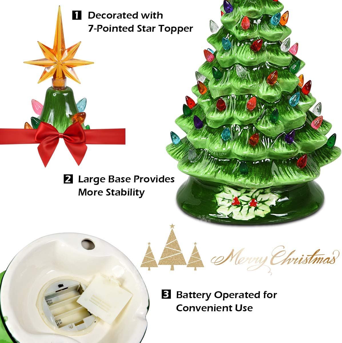 Hand Painted Ceramic Christmas Tree, Green Pre-Lit Tree