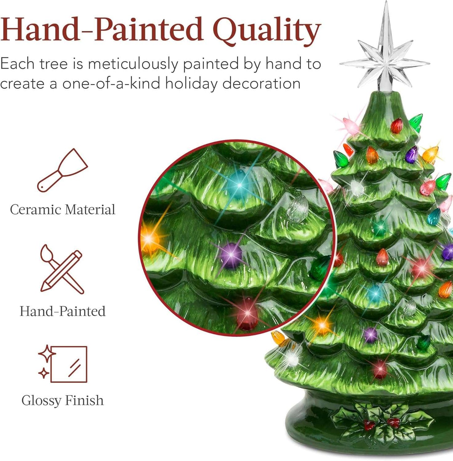Hand Painted Ceramic Christmas Tree, Green Pre-Lit Tree