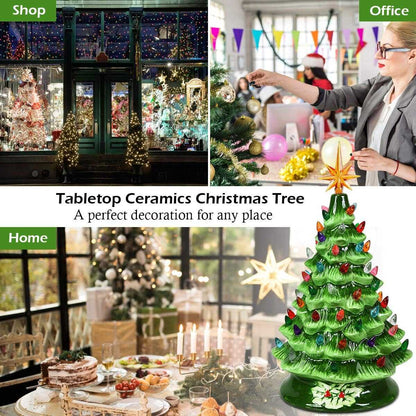Hand Painted Ceramic Christmas Tree, Green Pre-Lit Tree