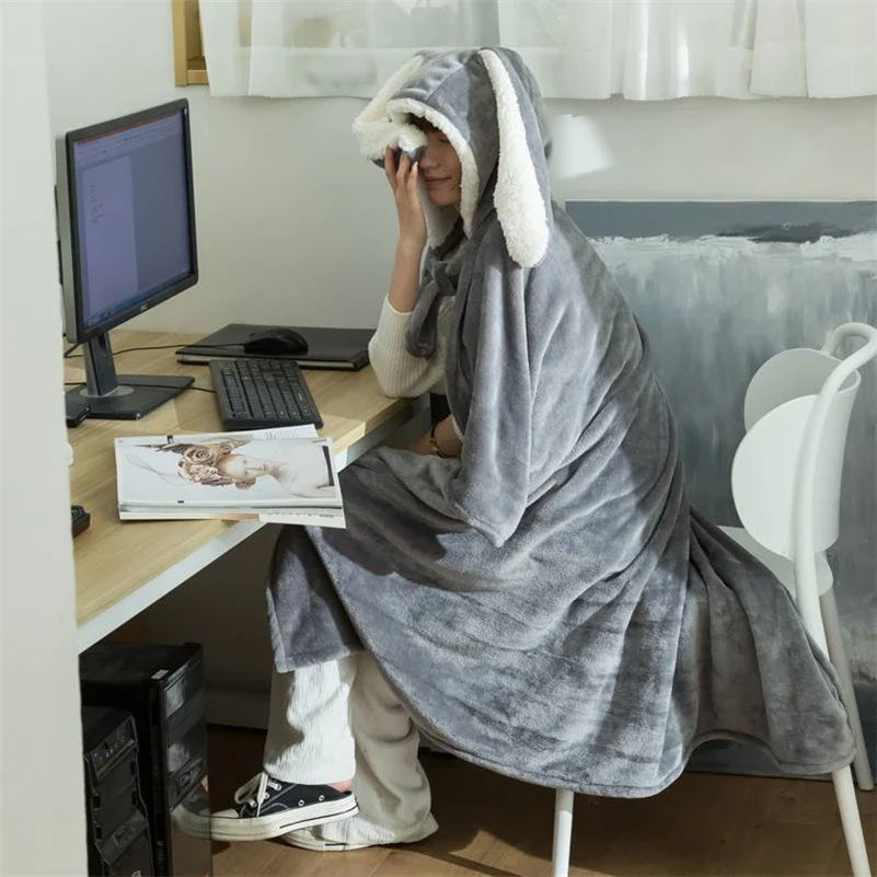 Cute Rabbit Ears Hooded Velvet Blanket