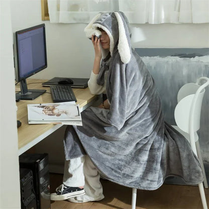 Cute Rabbit Ears Hooded Velvet Blanket