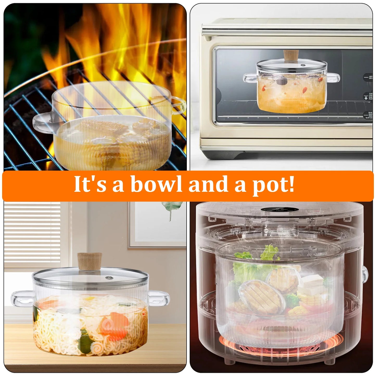 Heat Resistant Borosilicate Glass Cooking Pot with Dual Handles, Fridge & Freezer Safe