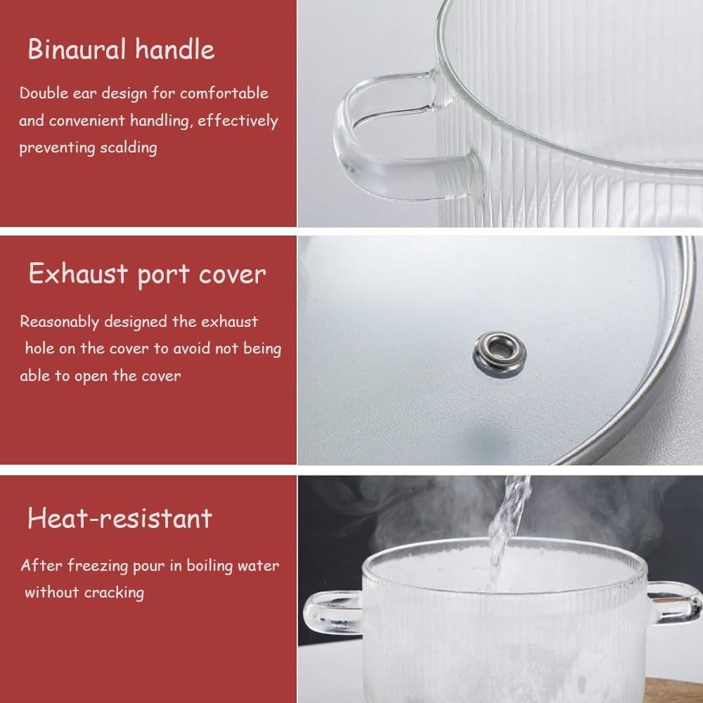 Heat Resistant Borosilicate Glass Cooking Pot with Dual Handles, Fridge & Freezer Safe