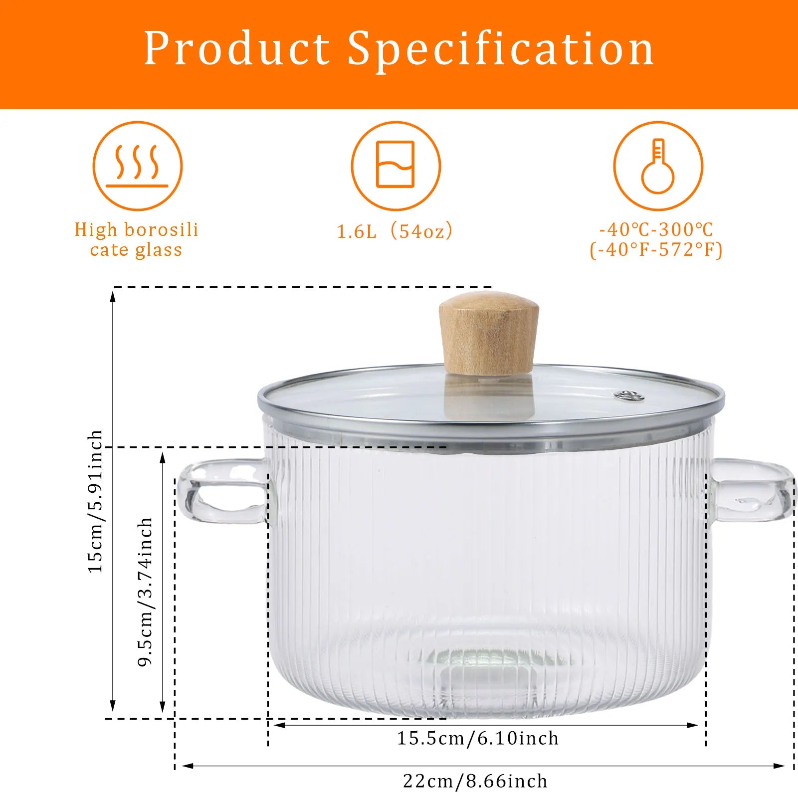 Heat Resistant Borosilicate Glass Cooking Pot with Dual Handles, Fridge & Freezer Safe