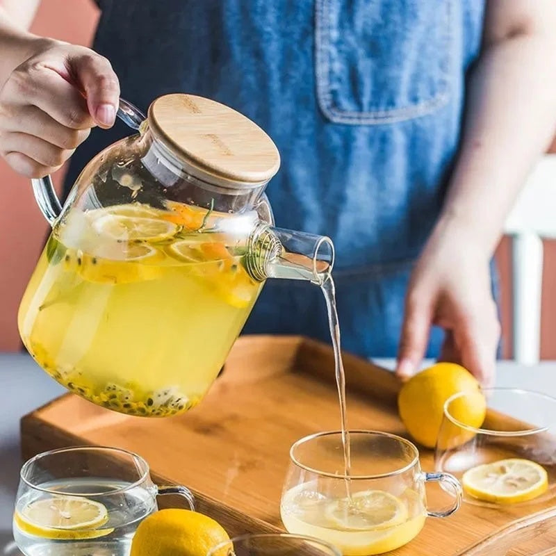 Heat Resistant Borosilicate Glass Teapot withBuilt-in Stainless Steel Filter, Suitable for Hot & Cold Drinks