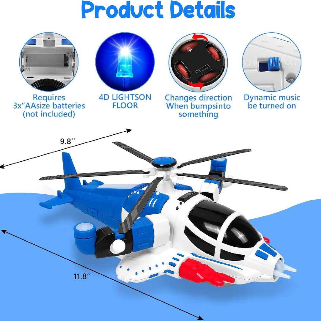Helicopter Toy with Lights and Sounds, 360° Spin, Obstacle Sensor, Battery-Free, Child-Safe Design, Safe for Kids 3+