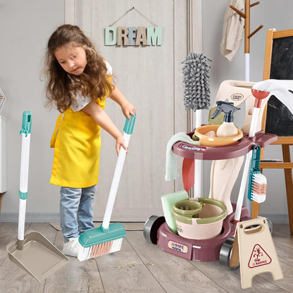 Household Cleaning Play Set with Broom Bucket Soap Bin Wet Floor Sign Dustpan Brush and Much More Included Great Fun for Kids