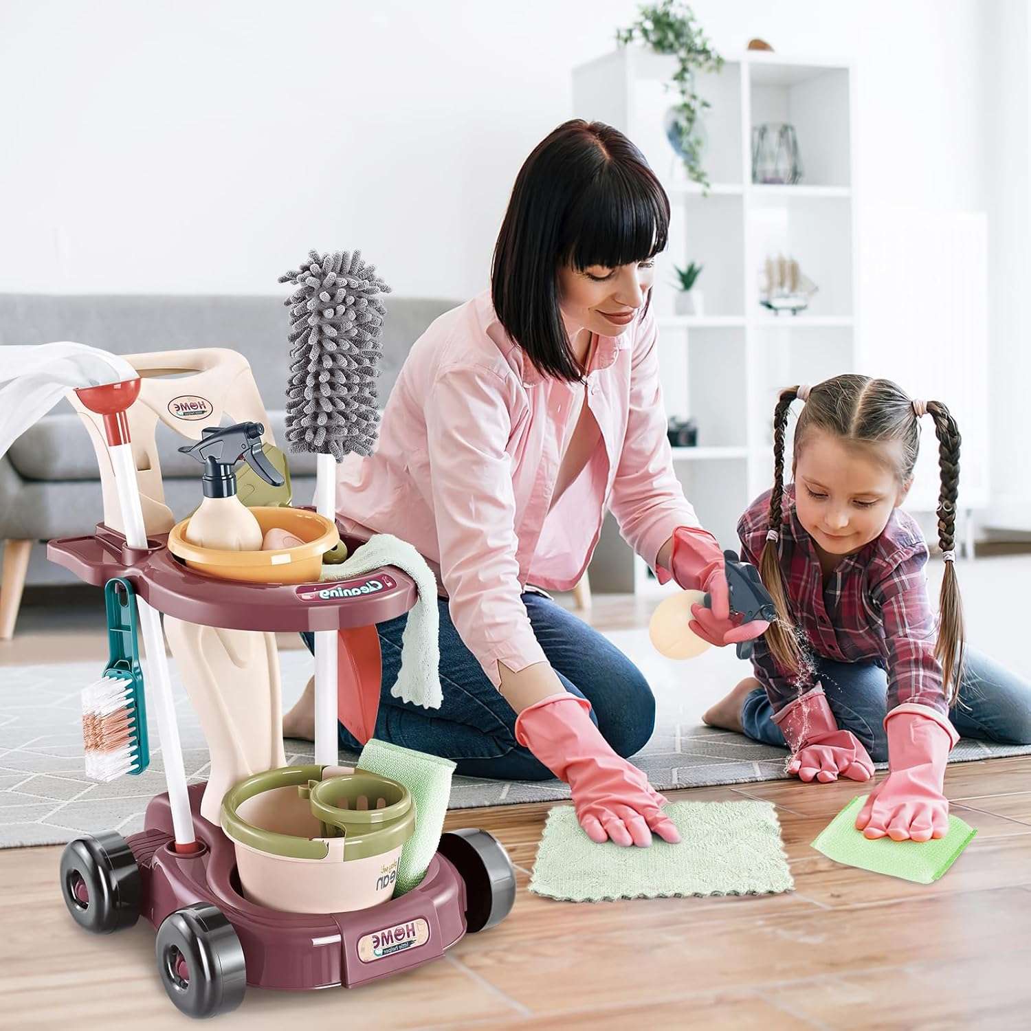 Household Cleaning Play Set with Broom Bucket Soap Bin Wet Floor Sign Dustpan Brush and Much More Included Great Fun for Kids