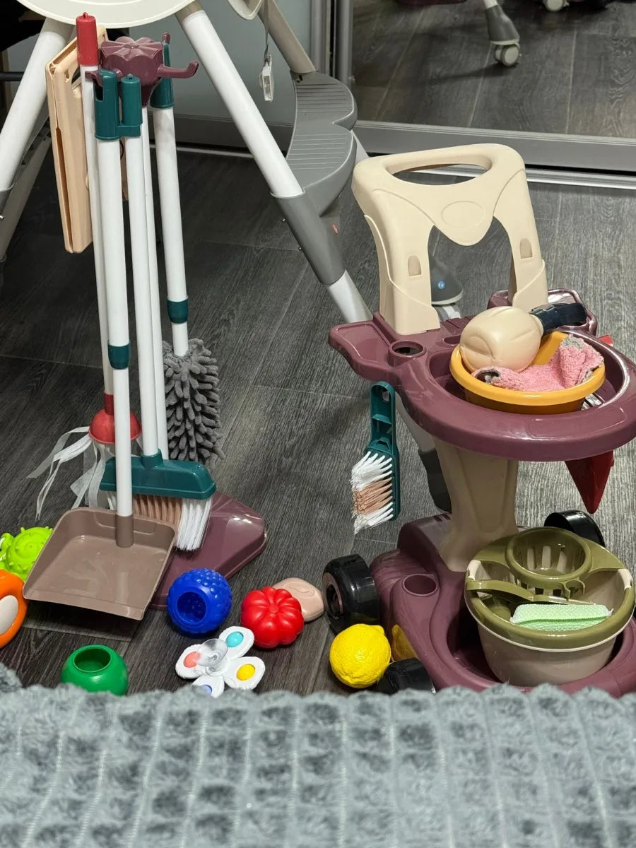 Household Cleaning Play Set with Broom Bucket Soap Bin Wet Floor Sign Dustpan Brush and Much More Included Great Fun for Kids