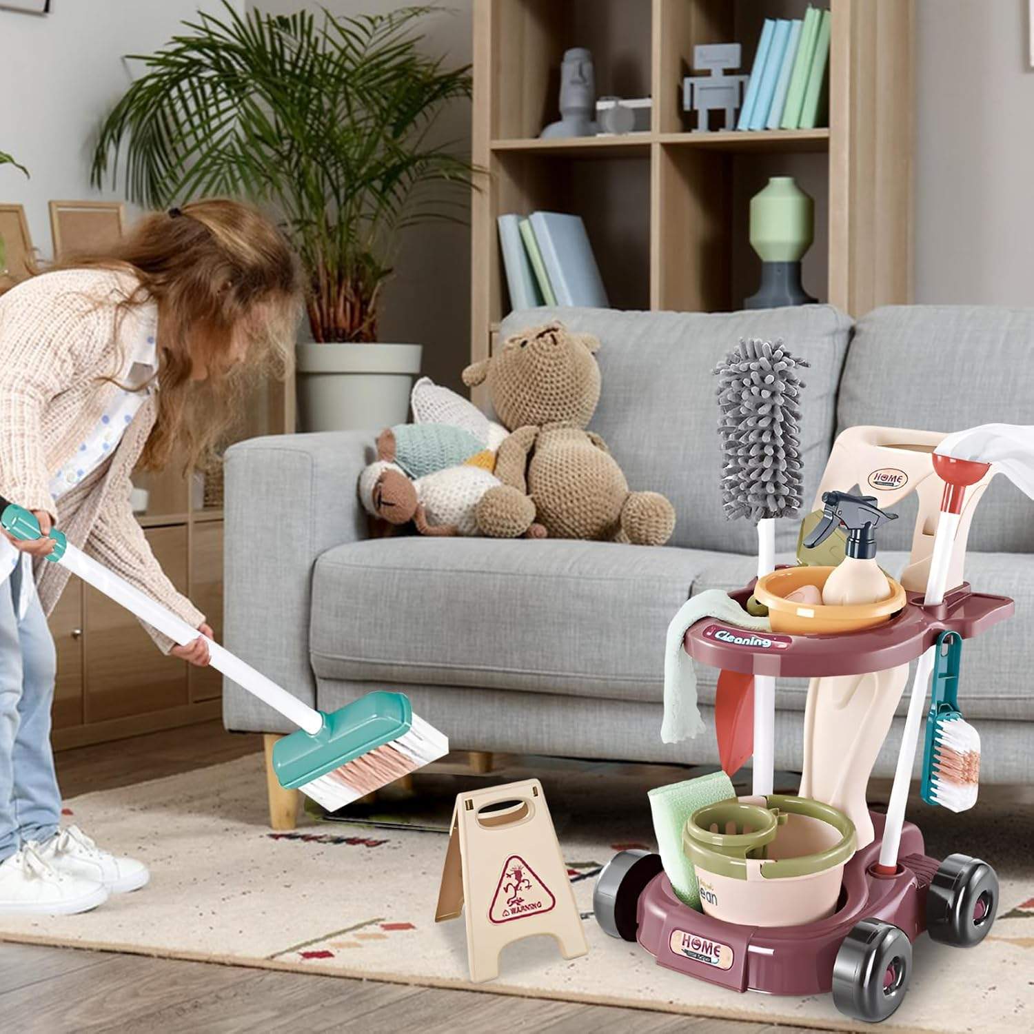 Household Cleaning Play Set with Broom Bucket Soap Bin Wet Floor Sign Dustpan Brush and Much More Included Great Fun for Kids