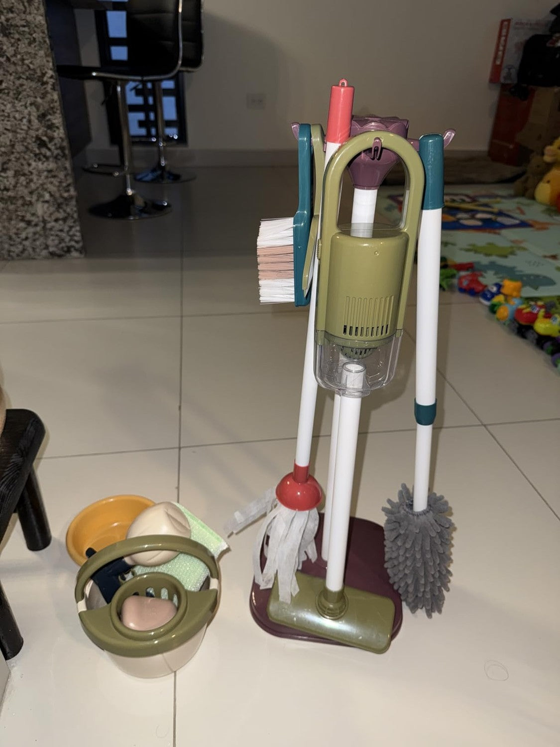 Household Cleaning Play Set with Broom Bucket Soap Bin Wet Floor Sign Dustpan Brush and Much More Included Great Fun for Kids