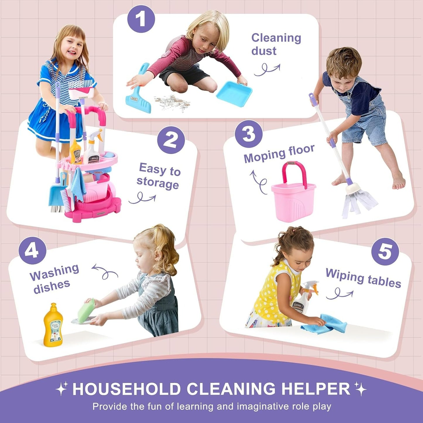 Housekeeping Cleaning Trolley Playset Caddy Includes Accessories and Toy Vacuum, Safe for Ages 3+