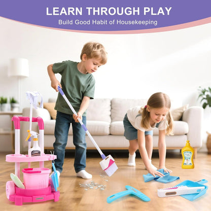 Housekeeping Cleaning Trolley Playset Caddy Includes Accessories and Toy Vacuum, Safe for Ages 3+